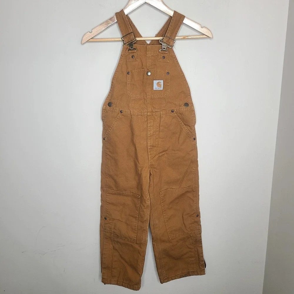 Carhartt Bib Overalls Boys 6 Brown Canvas Insulated Double Knee Flannel Lined